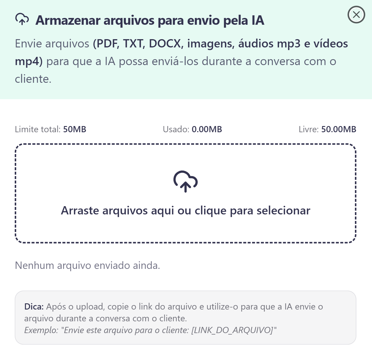Interface de armazenamento de arquivos mostrando área de upload e gerenciamento de storage