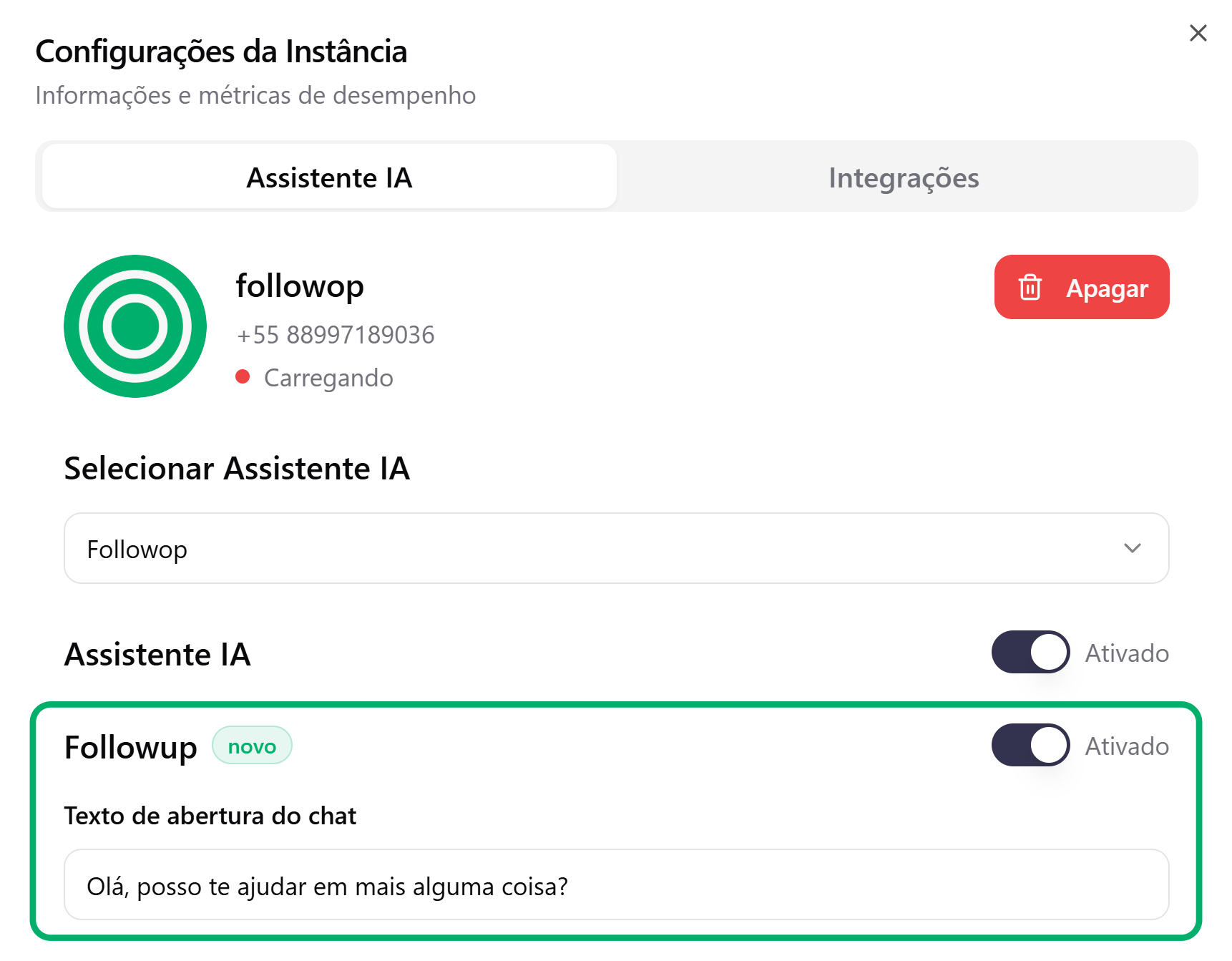 Interface de configuração mostrando a nova funcionalidade de Follow-up ativada