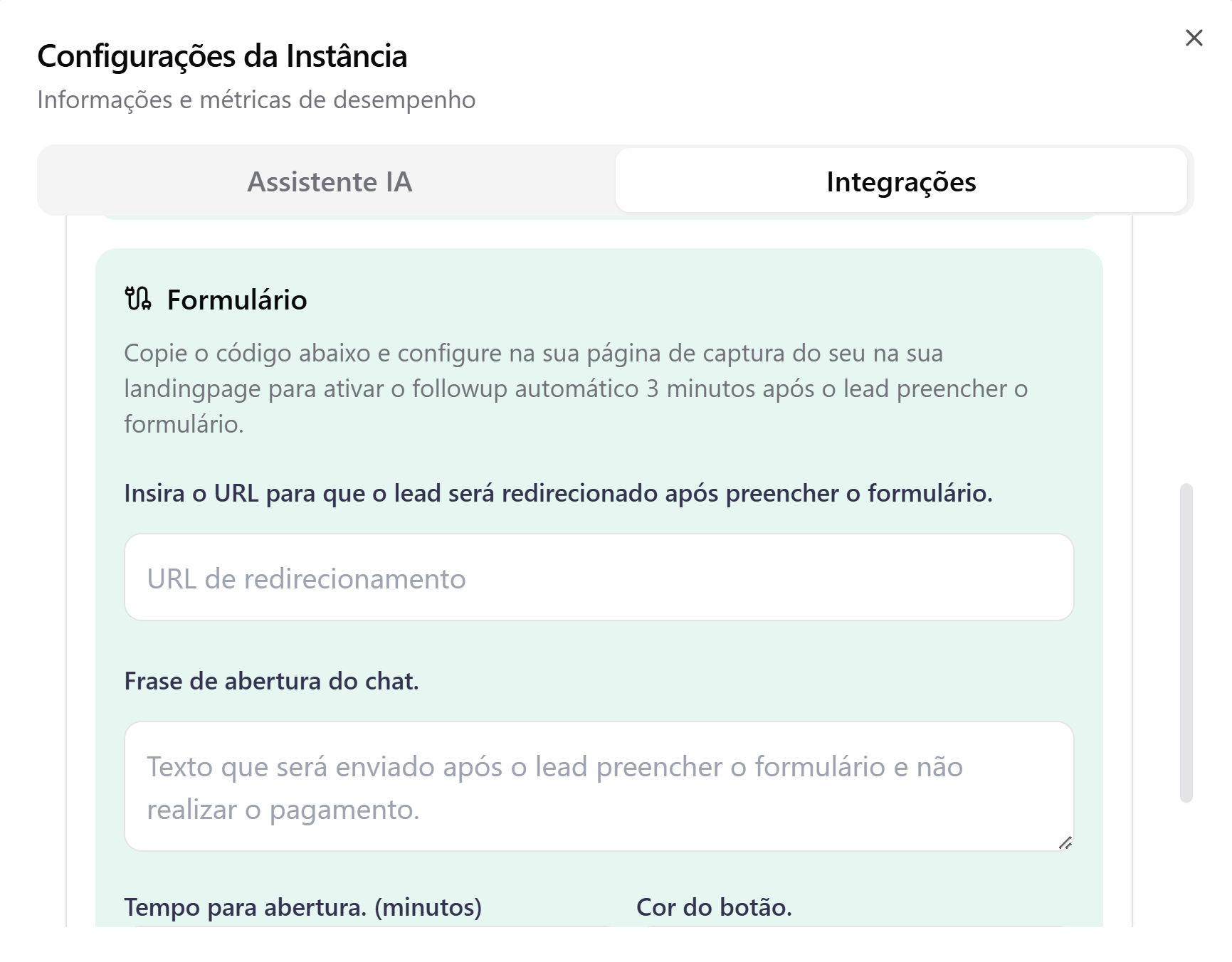 Interface de configuração de formulários de captação de leads com campos personalizáveis