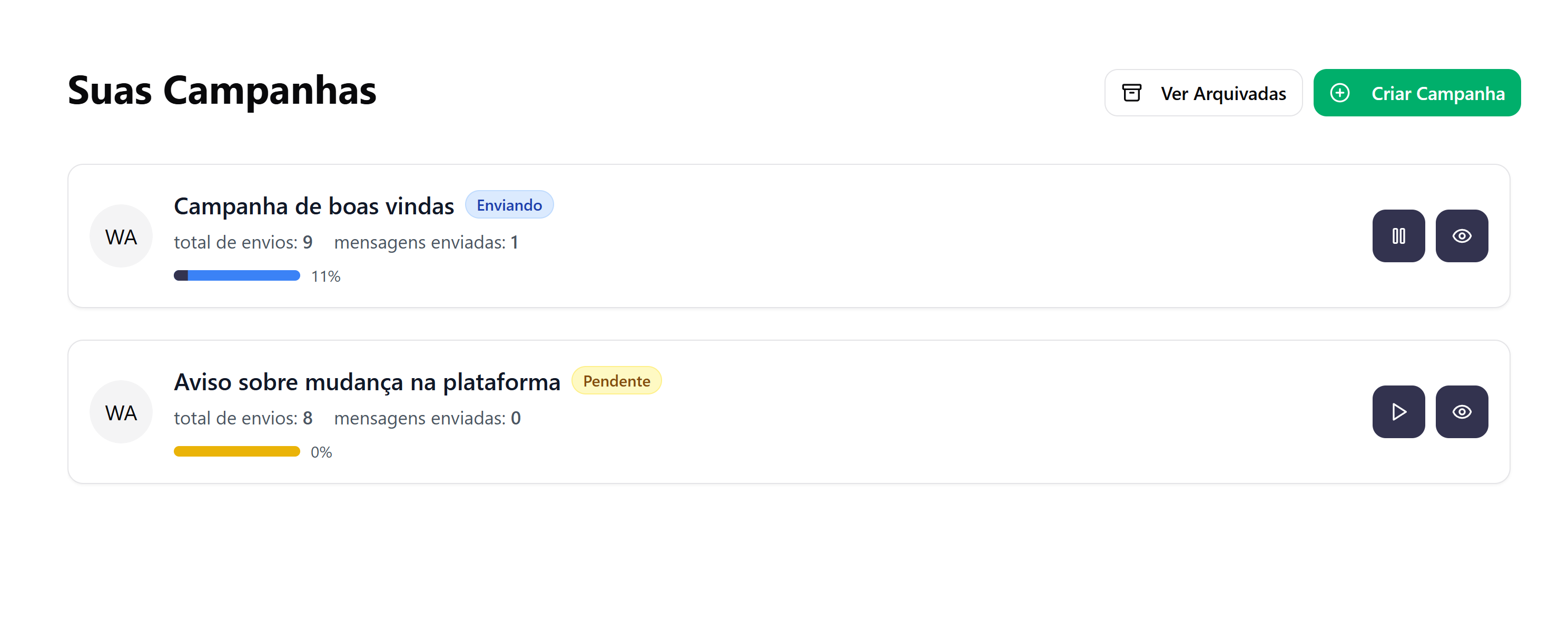 Interface de campanhas mostrando disparo em massa